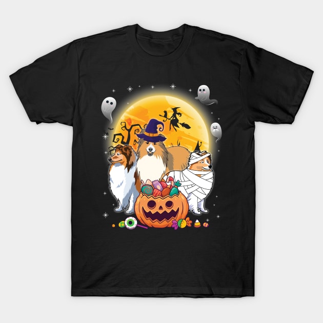 Sheltie Dog Mummy Witch Moon Ghosts Happy Halloween Thanksgiving Merry Christmas Day T-Shirt by joandraelliot